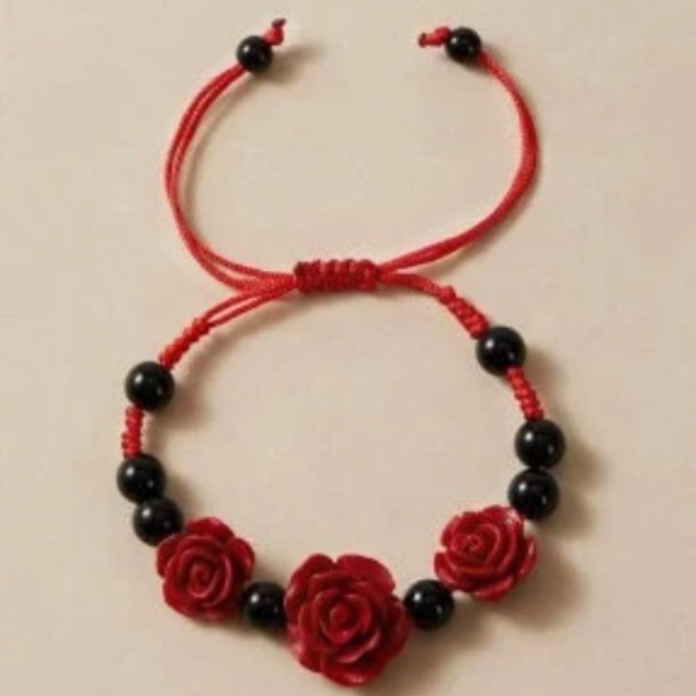 Red Rose Bracelet, Gothic Bracelet, Rose Jewelry, Black and Red Bracelet